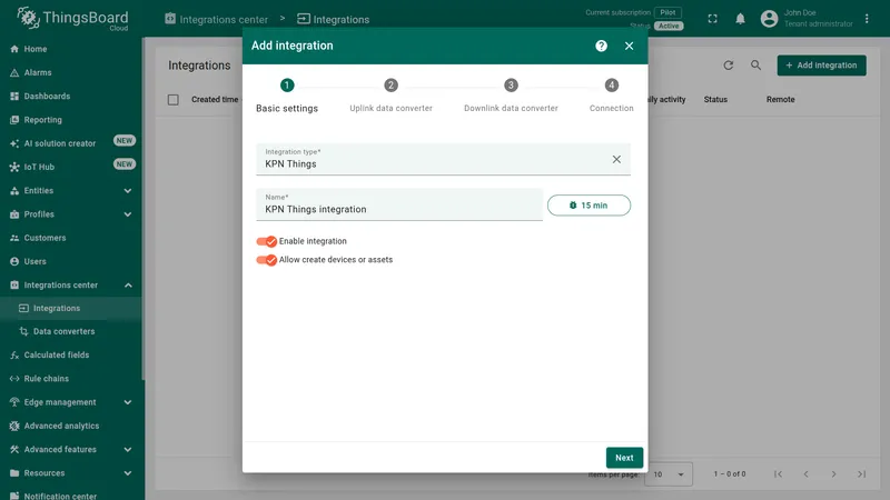 Add integration wizard — Basic settings step: Integration type set to KPN Things, name field showing KPN Things integration, Enable integration and Allow create devices or assets toggles enabled