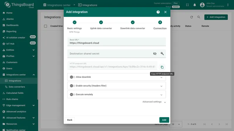 Add integration wizard — Connection step: Base URL set to https://thingsboard.cloud, HTTP endpoint URL shown with a copy button, Add button visible