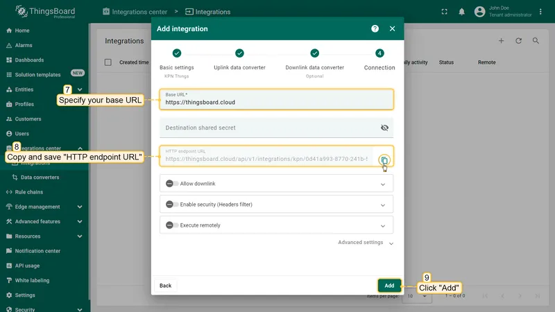 Add integration wizard — Connection: Base URL filled in, HTTP endpoint URL shown with copy button