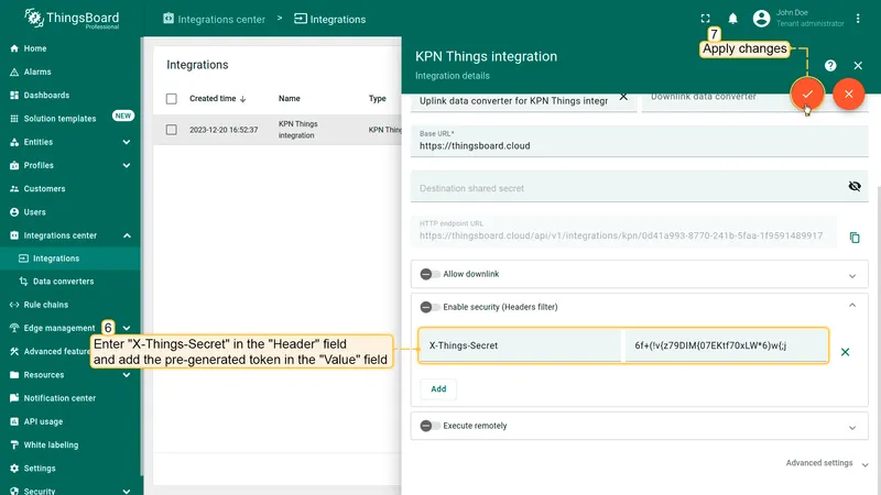 KPN Things integration — Headers filter with X-Things-Secret header and token value, Apply changes button highlighted