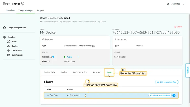 KPN Things Device & Connectivity detail — Flows tab with My first flow row