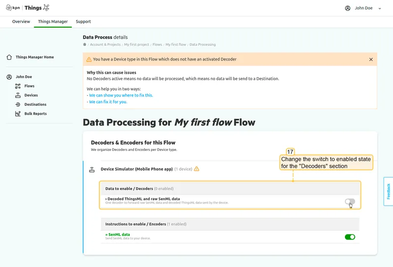 KPN Things Data Processing page — Decoded ThingsML and raw SenML data decoder toggle disabled