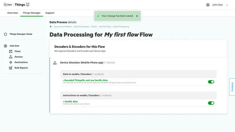 KPN Things Data Processing page — Decoded ThingsML and raw SenML data decoder enabled, change saved