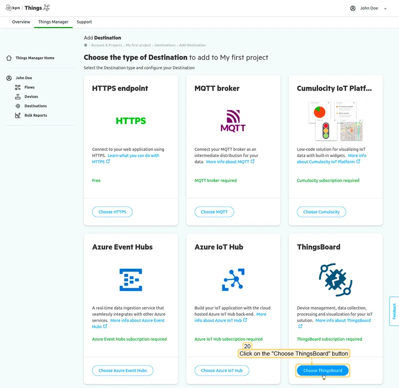 KPN Things Add Destination — destination type selection with ThingsBoard highlighted