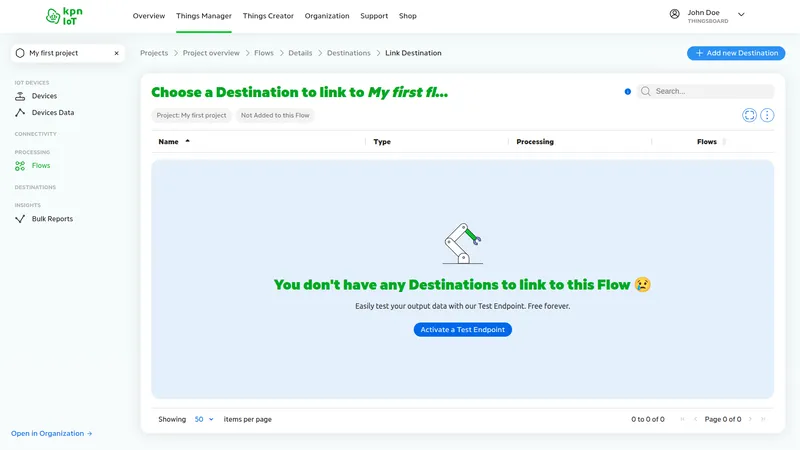 KPN IoT portal — Choose a Destination to link page showing empty state with Add new Destination button