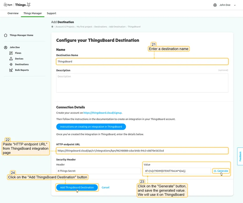 KPN Things Configure ThingsBoard Destination — name, HTTP endpoint URL, Security Header with X-Things-Secret pre-filled and generated token