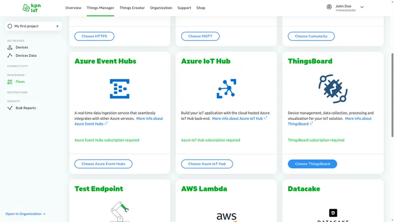KPN IoT portal — destination type grid showing ThingsBoard card with Choose ThingsBoard button highlighted