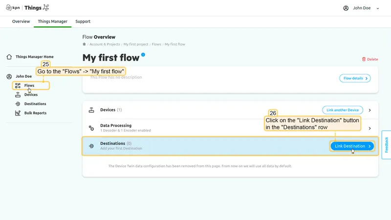 KPN Things My first flow overview — Link Destination button in the Destinations row