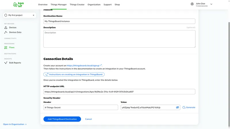 KPN IoT portal — ThingsBoard Destination form showing Security Header section with X-Things-Secret header pre-filled, generated token value, Generate button, and Add ThingsBoard Destination button