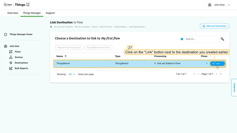 KPN Things Link Destination to Flow — ThingsBoard destination with Link button