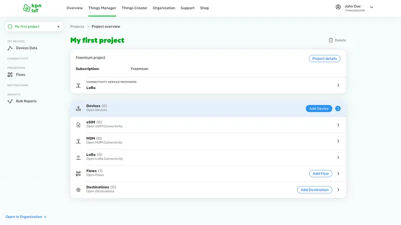 KPN IoT portal — My first project overview showing Devices row with Add Device button