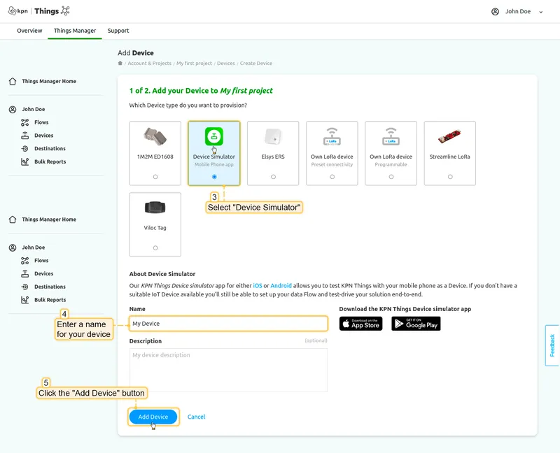 KPN Things Add Device — Device Simulator selected, device name entered