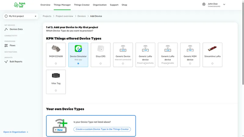 KPN IoT portal Add Device — device type grid with Device Simulator (Web app) selected