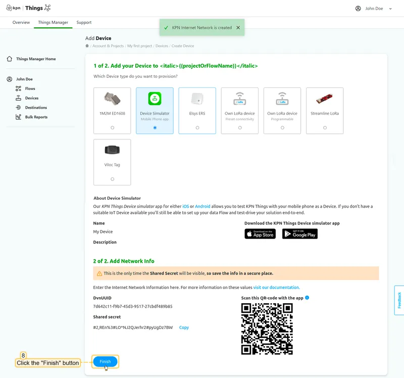 KPN Things — KPN Internet Network is created toast, Finish button