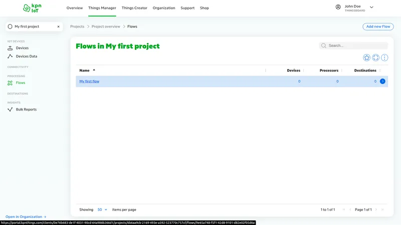 KPN IoT portal — Flows in My first project page showing My first flow row with 0 Devices, 0 Processors, and 0 Destinations