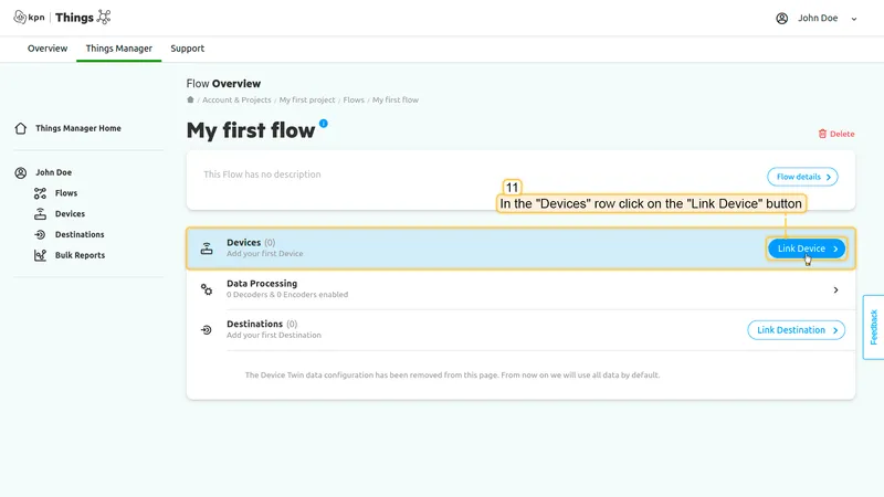 KPN Things Flow Overview — Link Device button in the Devices row