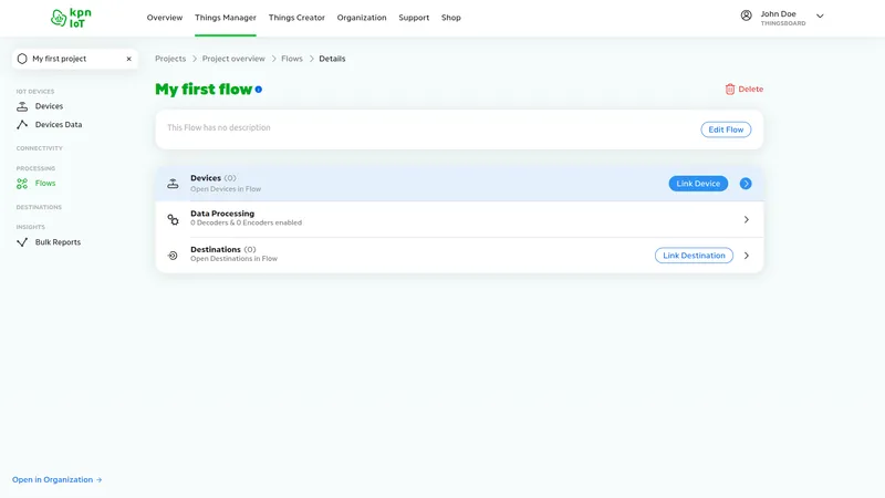 KPN IoT portal — My first flow details page showing Devices row with Link Device button, Data Processing row, and Destinations row