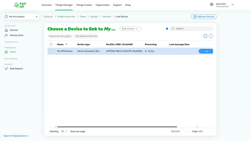 KPN IoT portal — Choose a Device to link page showing My KPN Device with Device Simulator type and Active status, Link button highlighted