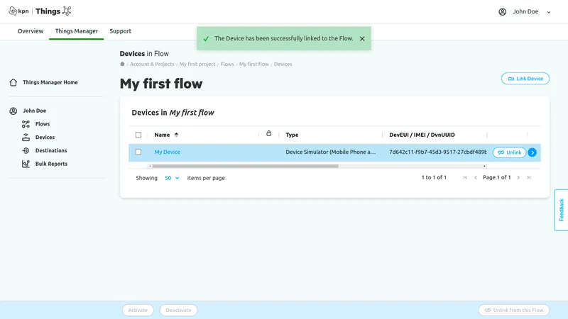 KPN Things — Device has been successfully linked to the Flow toast, device shown in list