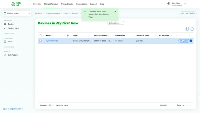 KPN IoT portal — Devices in My first flow page showing My KPN Device added just now, success toast: The Device has been successfully linked to the Flow