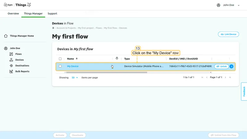 KPN Things Devices in My first flow — My Device row highlighted