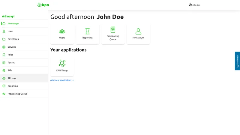 KPN Things admin portal homepage