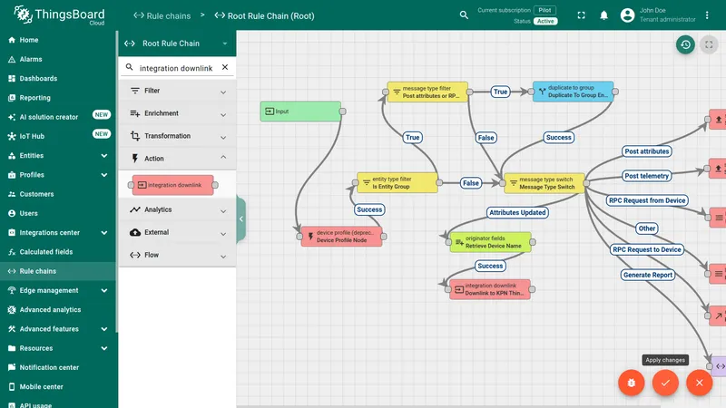 Completed Root Rule Chain with Retrieve Device Name and Downlink to KPN Things nodes connected via Attributes Updated and Success relations