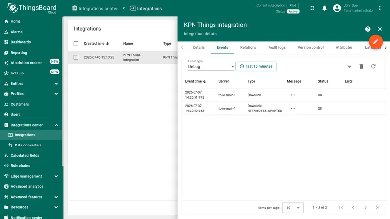 KPN Things integration Events tab showing a Downlink event and an ATTRIBUTES_UPDATED event with OK status
