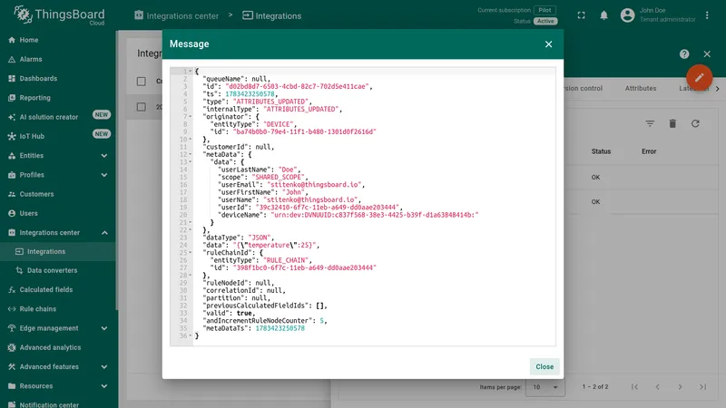 Integration event message detail showing the ATTRIBUTES_UPDATED message payload with temperature value