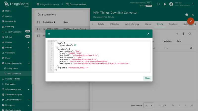 Downlink converter In panel showing the Rule Engine input message with temperature value and ATTRIBUTES_UPDATED message type