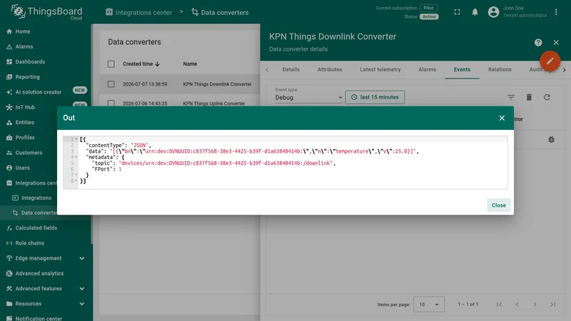 Downlink converter Out panel showing the encoded SenML JSON array with device URN and temperature value
