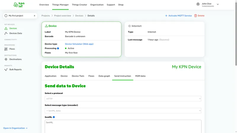 KPN Things portal device Send instruction tab showing the HTTP protocol and SenML message type options