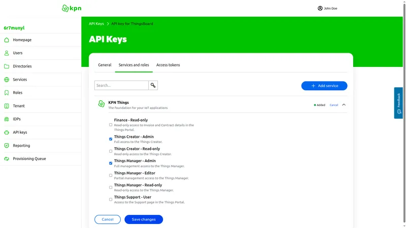Configured API key with assigned services and roles