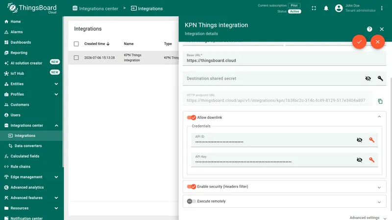 KPN Things integration in edit mode with Allow downlink enabled