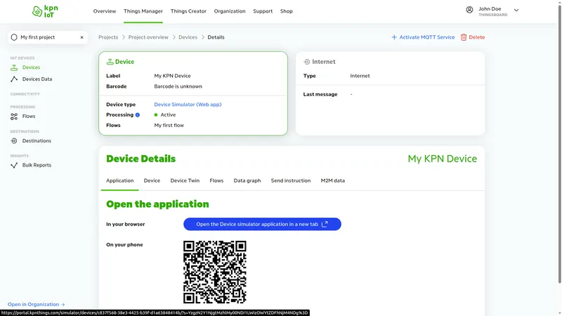 KPN IoT portal — My KPN Device Application tab showing Open the application section with Open the Device Simulator application in a new tab button and QR code