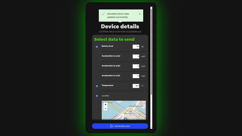 KPN Things Device Simulator web app — Simulated device data updated successfully toast notification