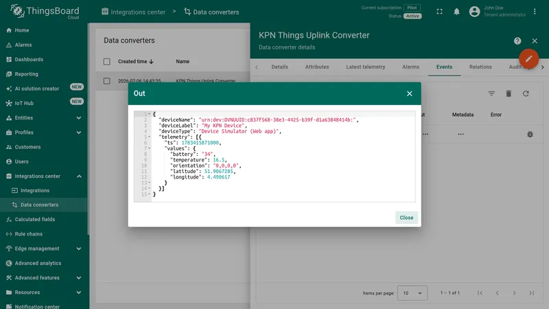 KPN Things Uplink Converter Out payload — same decoded JSON structure passed through to ThingsBoard unchanged