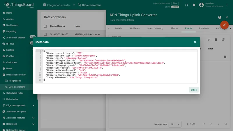 KPN Things Uplink Converter Metadata — HTTP request headers including x-things-secret, things-message-token, and things-plug-uuid