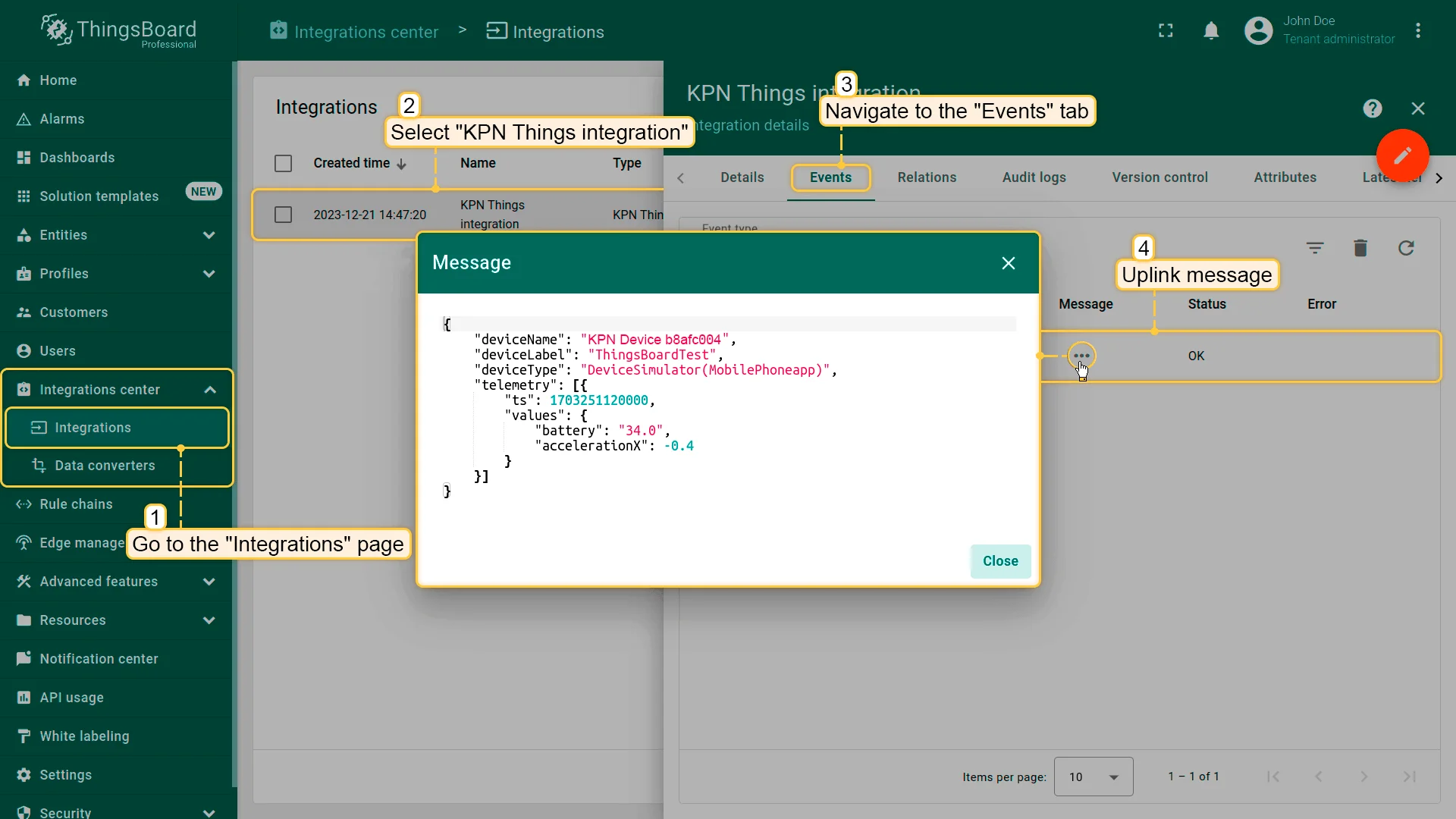 KPN Things integration Events tab — uplink message with device name, type, and telemetry values