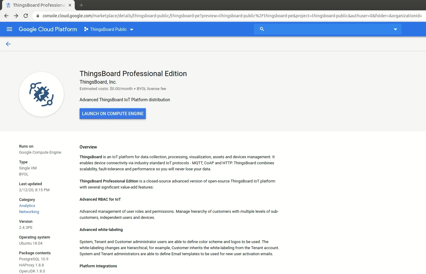 GCP Marketplace launch page