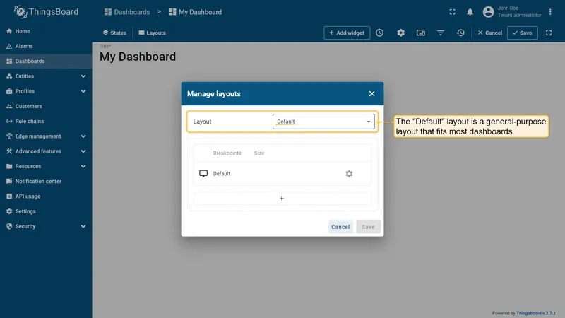 Default layout selected in Manage layouts dialog