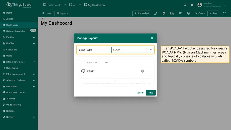 SCADA layout selected in Manage layouts dialog