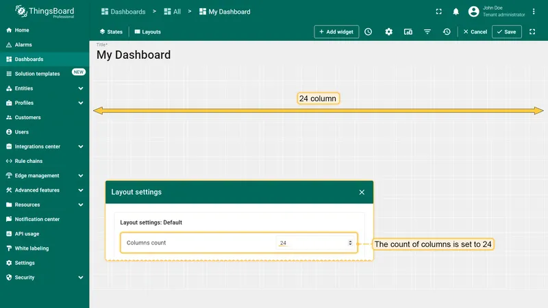 Dashboard grid with 24 columns