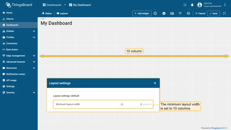 Dashboard grid with minimum layout width set to 10