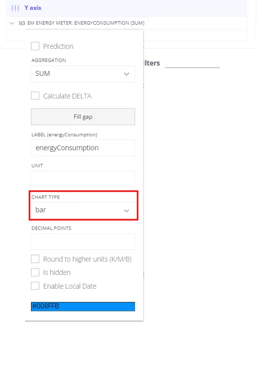 Per-field chart type selector showing Area, Line, and Bar options