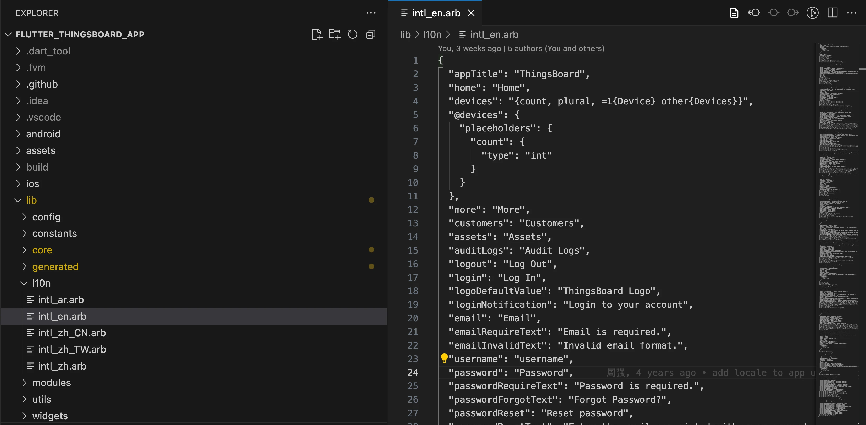 lib/l10n folder contents showing .arb locale files in the project