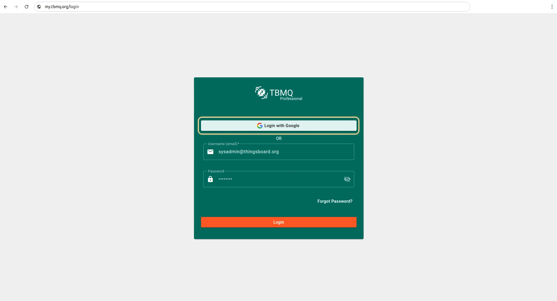 Login with Google on the TBMQ login screen