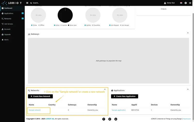Login to Loriot server. Open the "**Sample network**" or create a new one in the "**Networks**" section.