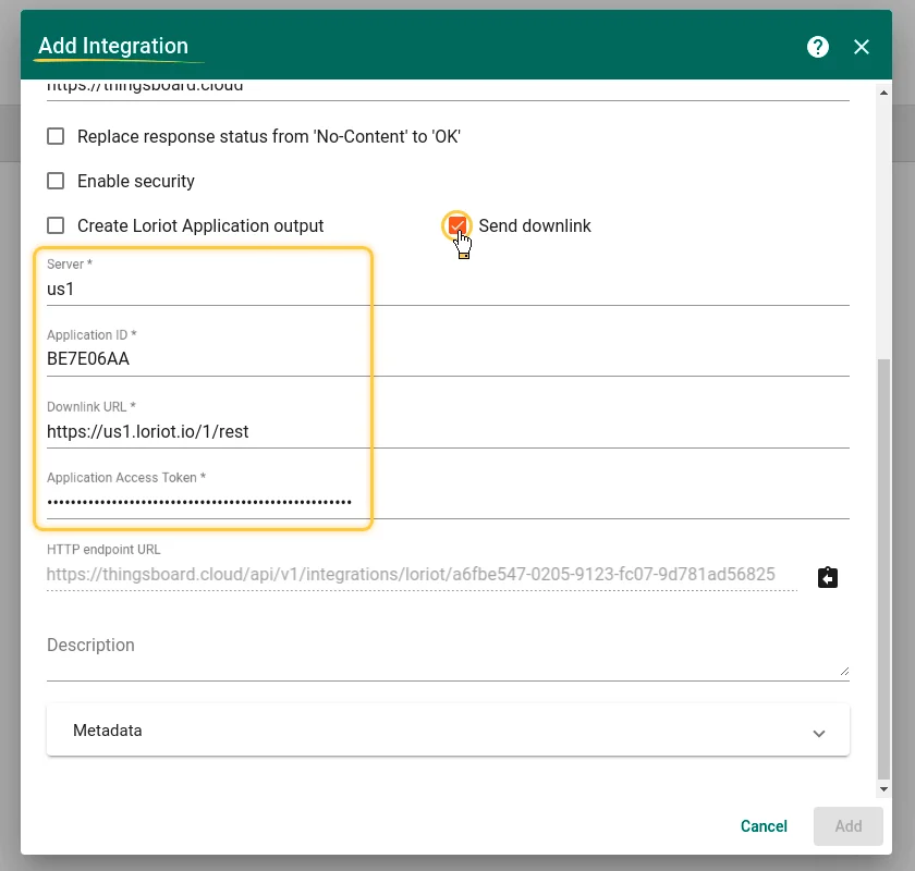 Integration connection settings — Send downlink enabled with Server, Application ID, and Application Access Token fields filled in