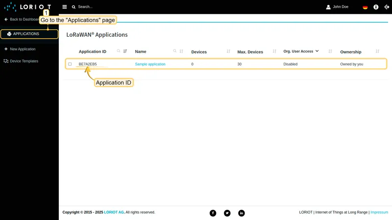 LORIOT Applications list — Application ID BE7A2EB5 annotated